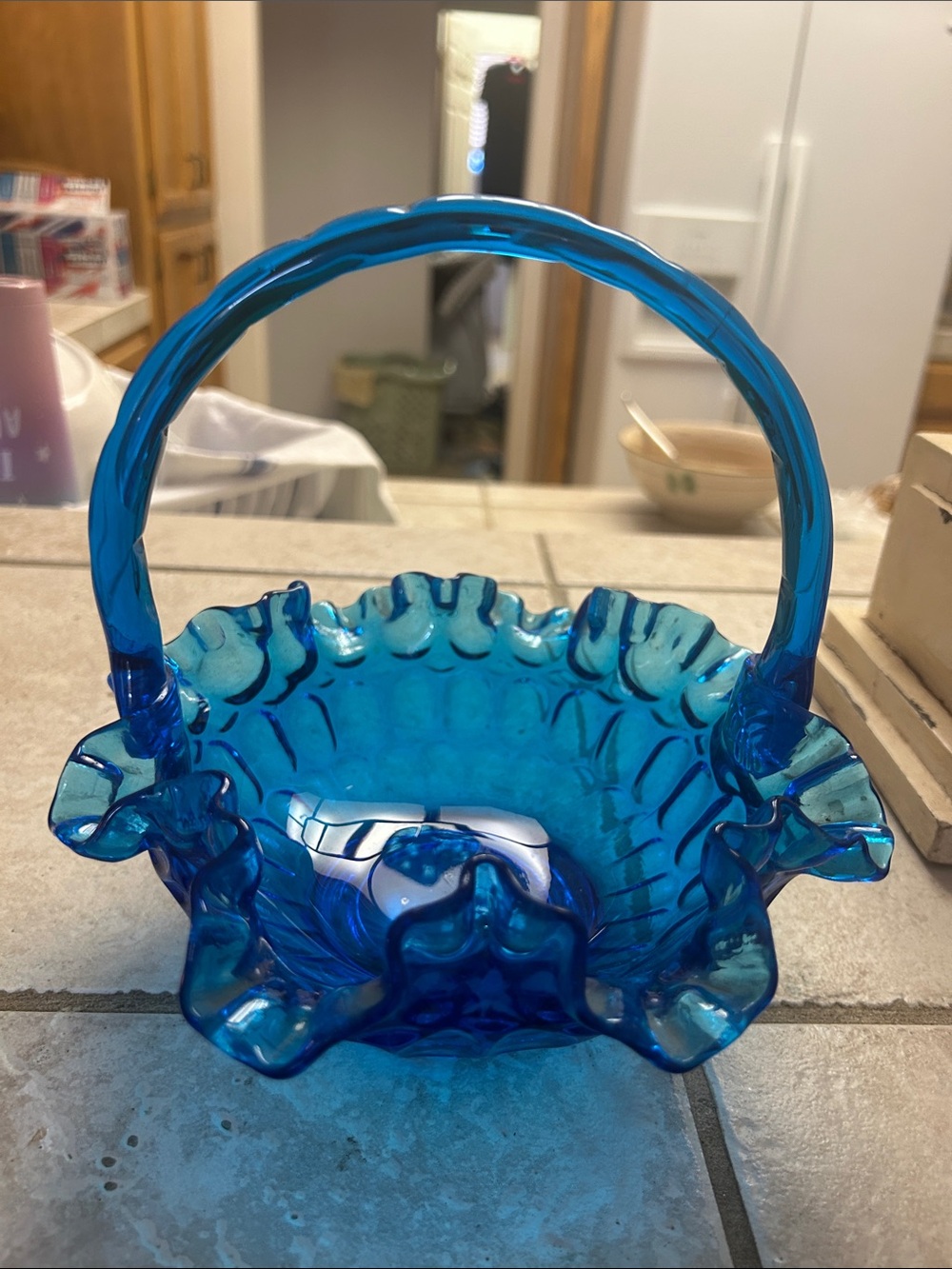 Fenton Cobalt Blue Ruffled Glass Basket